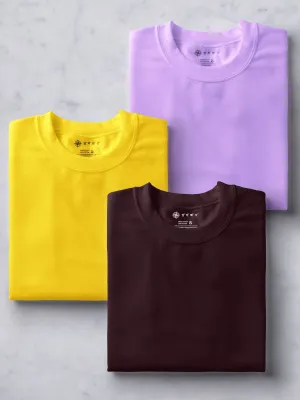 Coffee Brown, Yellow & Lavender Combo T shirt | Pack of 3