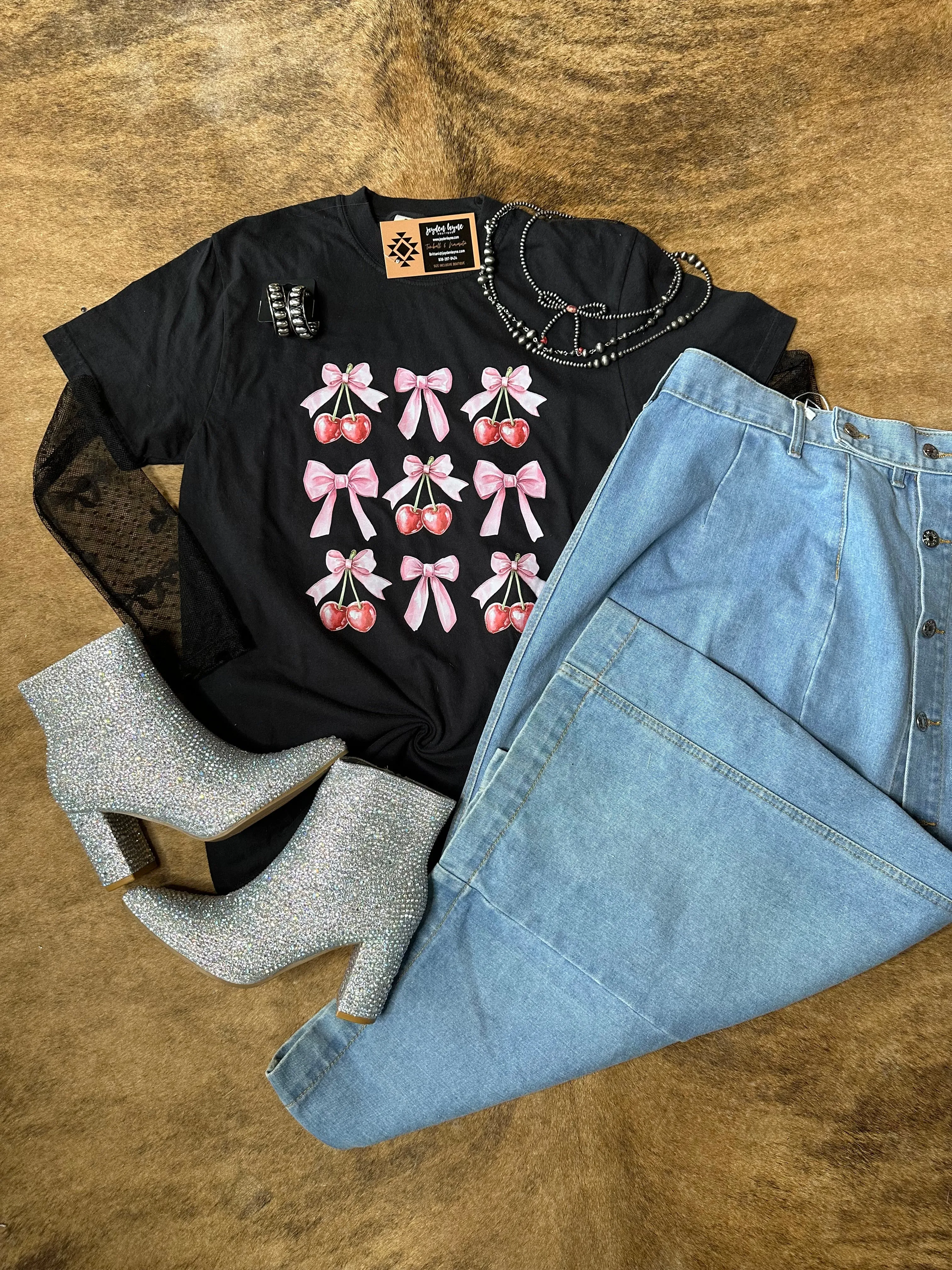 Coquette pink bows and cherries graphic