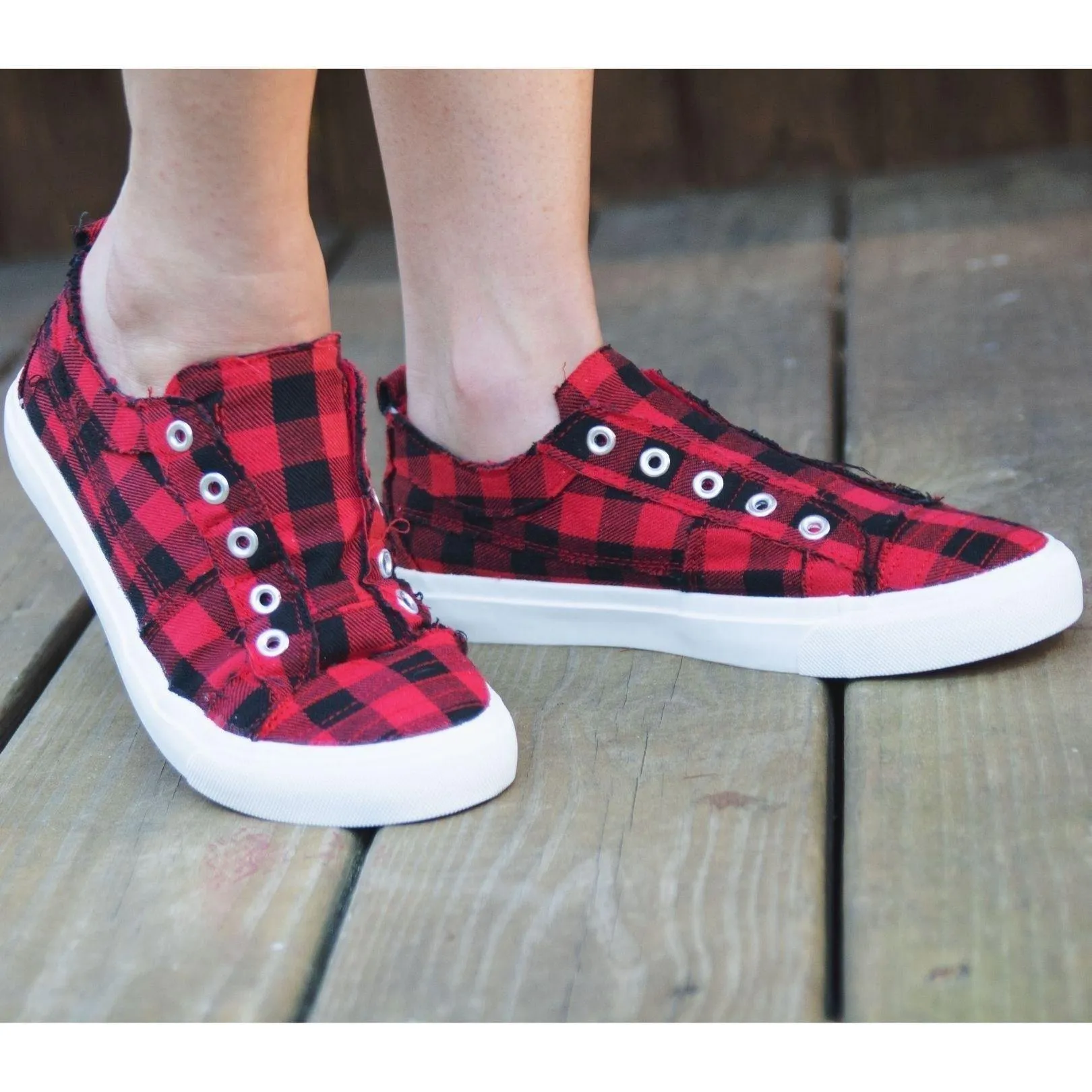 Corkys Babalu Red Buffalo Plaid Slip On Fashion Sneaker