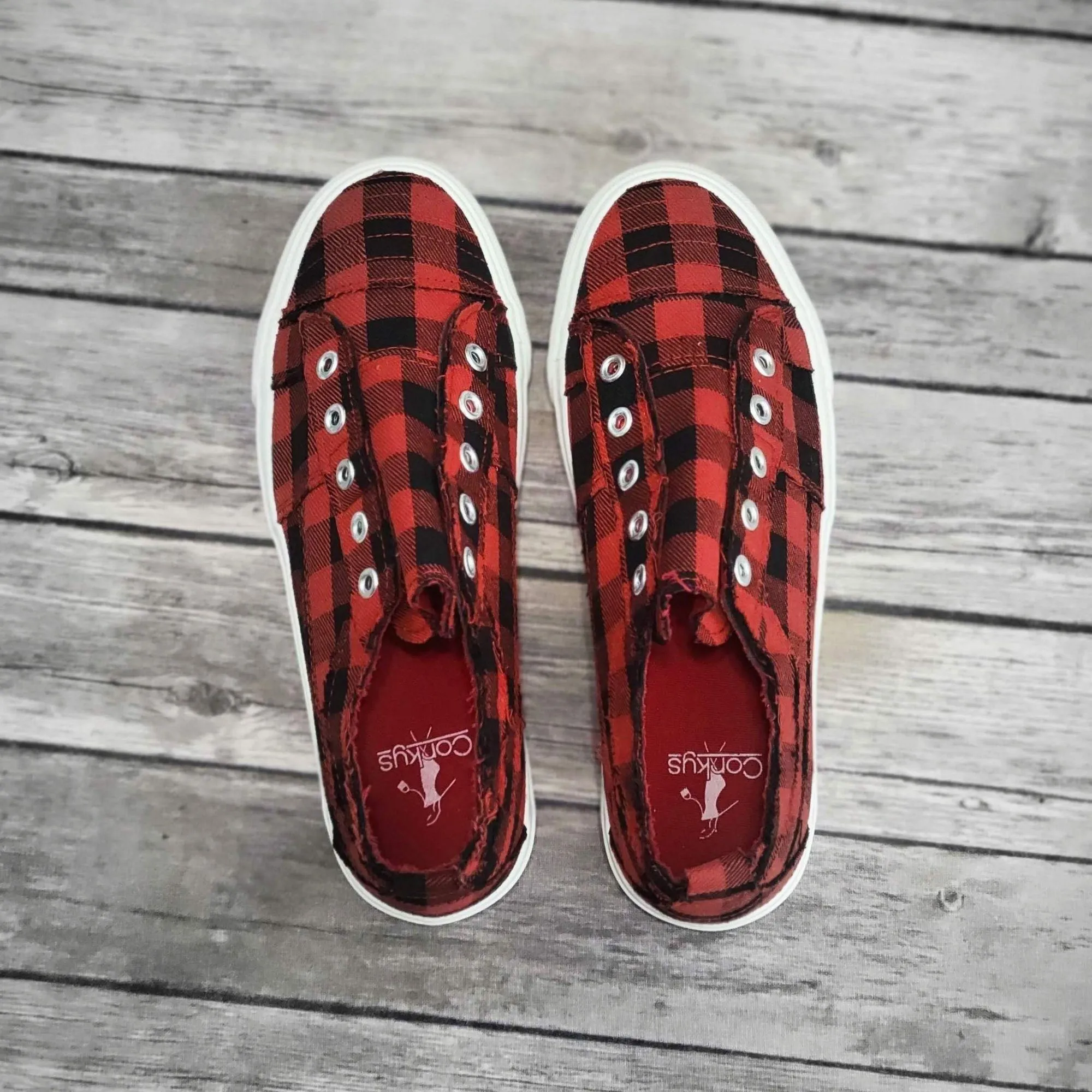 Corkys Babalu Red Buffalo Plaid Slip On Fashion Sneaker