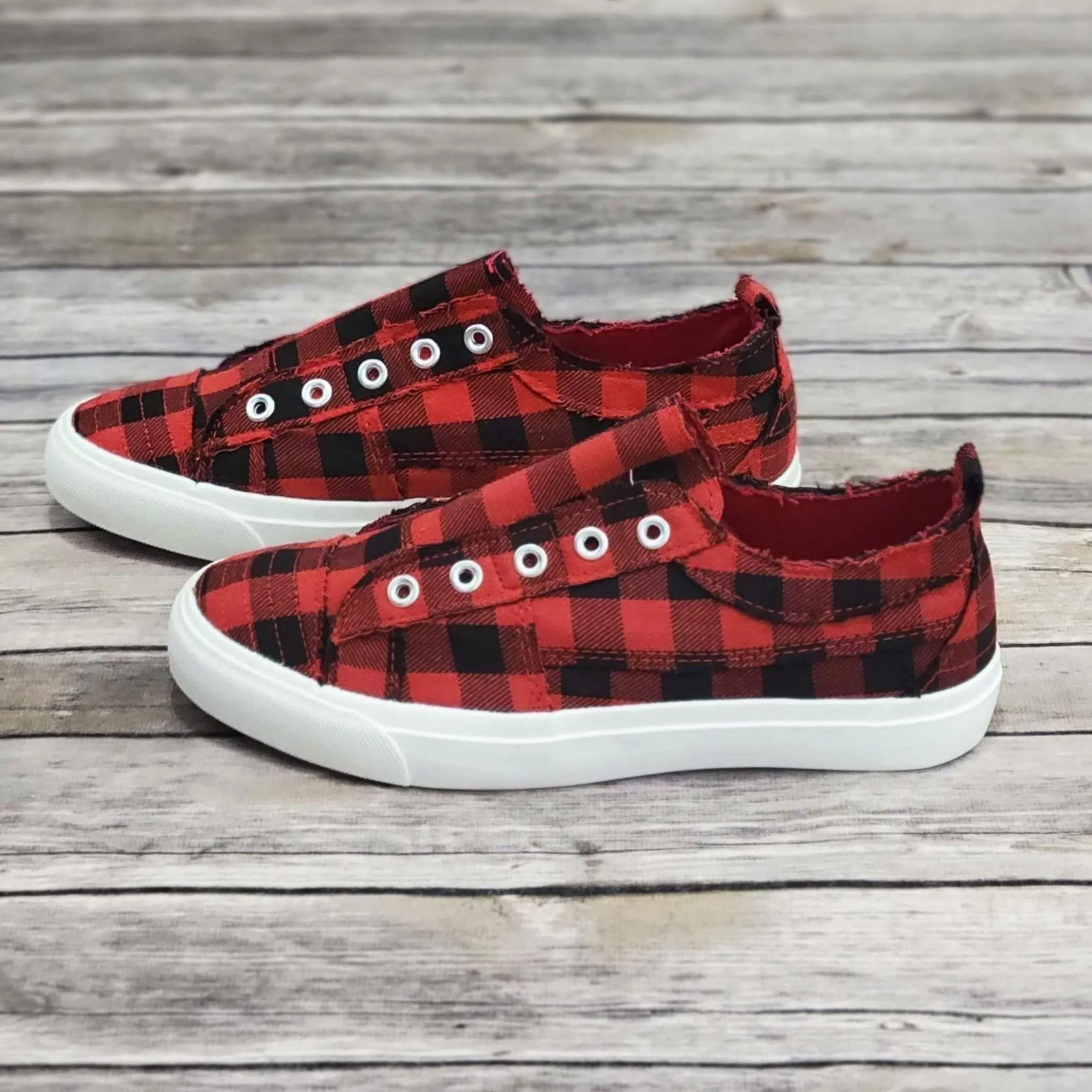 Corkys Babalu Red Buffalo Plaid Slip On Fashion Sneaker
