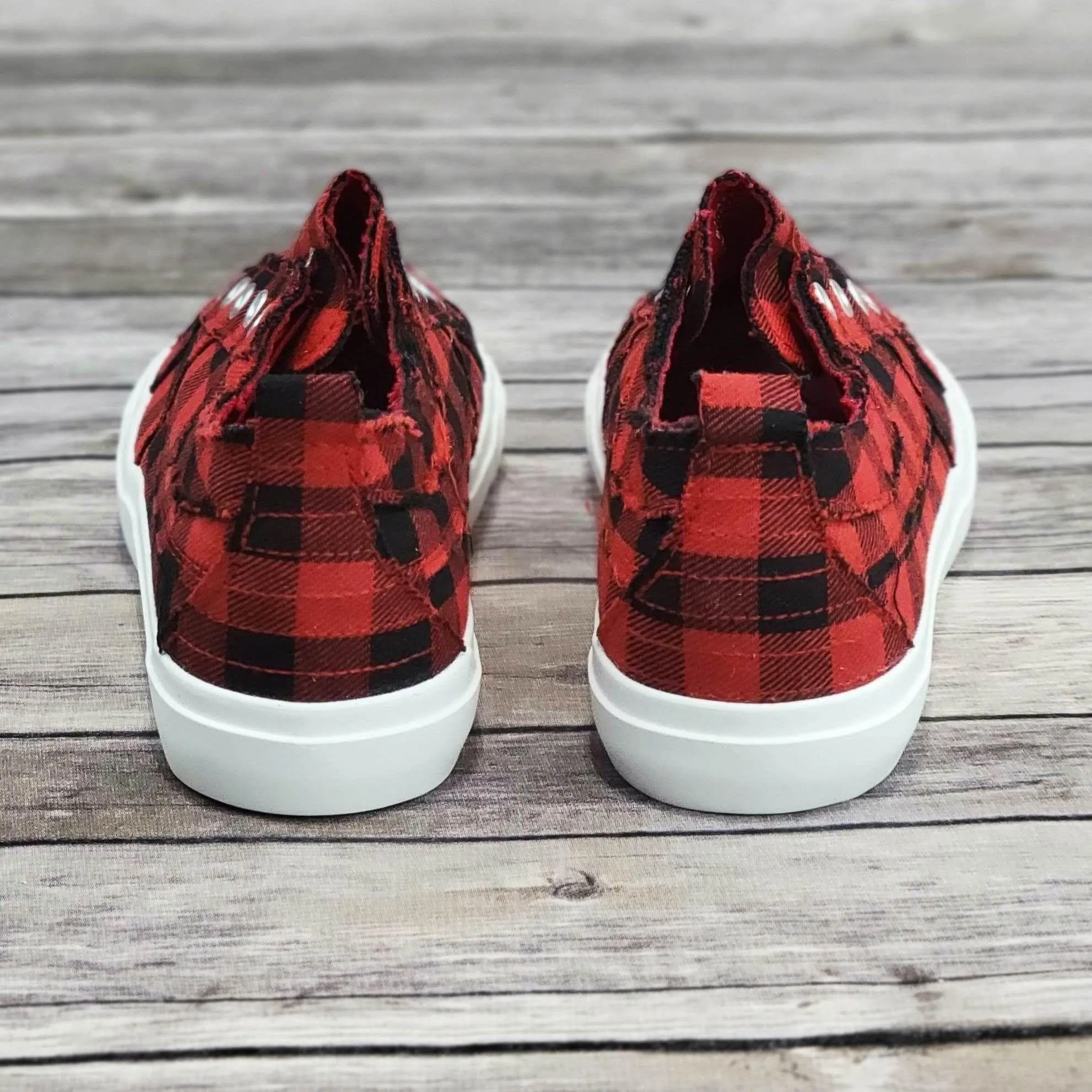 Corkys Babalu Red Buffalo Plaid Slip On Fashion Sneaker
