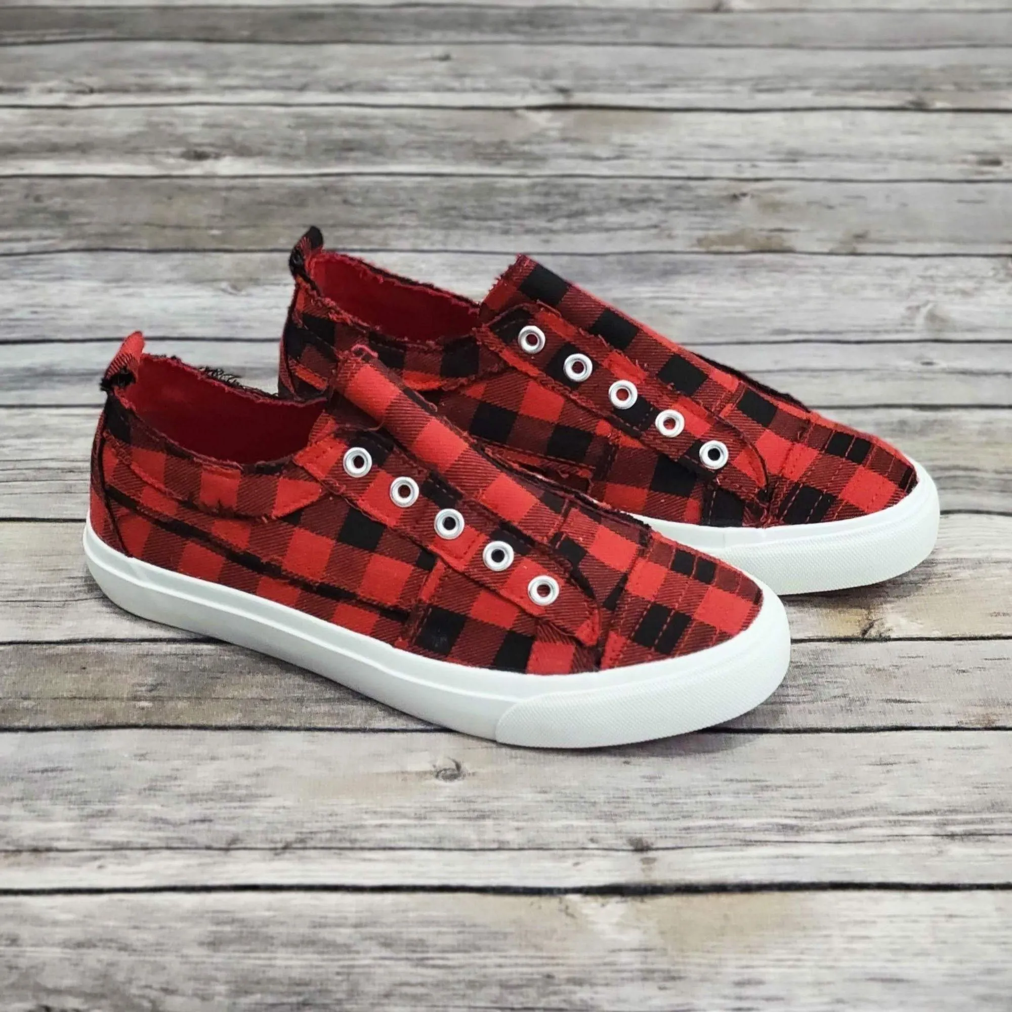 Corkys Babalu Red Buffalo Plaid Slip On Fashion Sneaker
