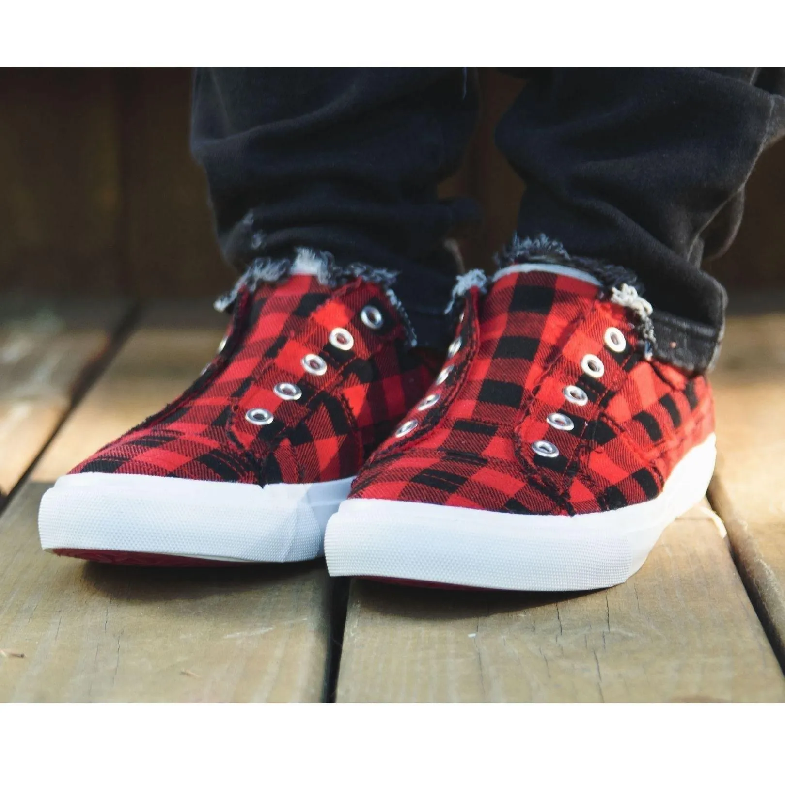 Corkys Babalu Red Buffalo Plaid Slip On Fashion Sneaker