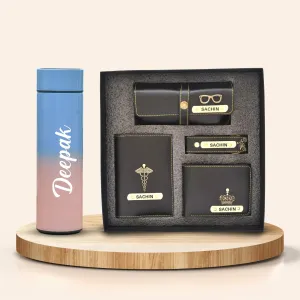 Customized Bottle with Temperature display - Pastel Shade 2 & All in One Men's Combo (4 pcs) - Black