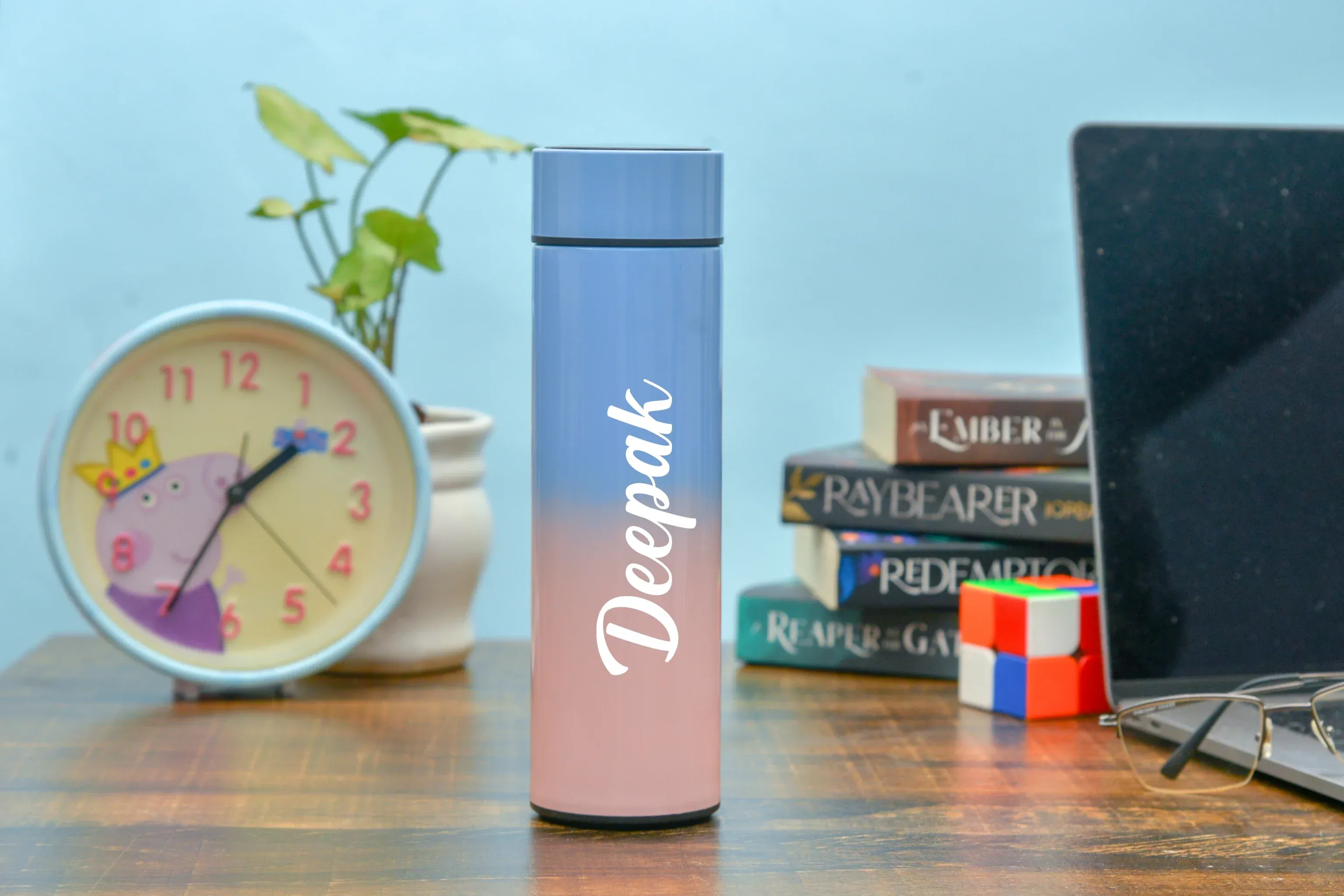 Customized Bottle with Temperature display - Pastel Shade 2 & All in One Men's Combo (4 pcs) - Black