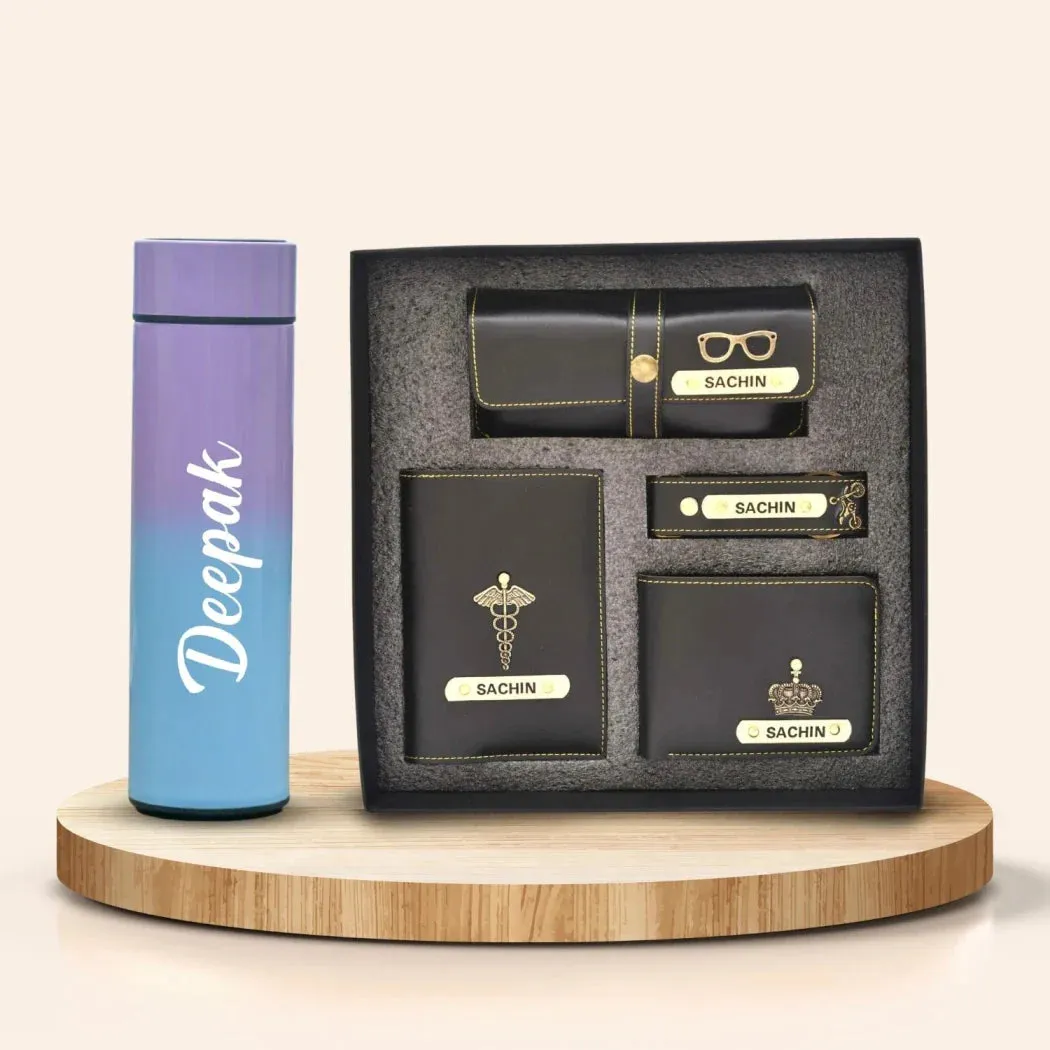 Customized Bottle with Temperature display - Pastel Shade 3 & All in One Men's Combo (4 pcs) - Black