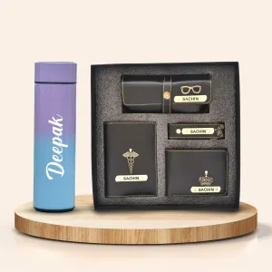 Customized Bottle with Temperature display - Pastel Shade 3 & All in One Men's Combo (4 pcs) - Black