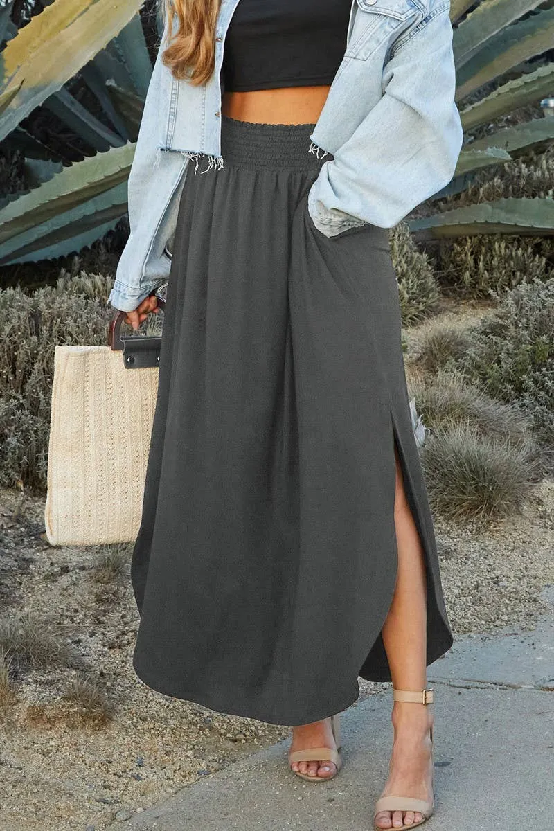 CWBLS041_SMOCKING WAIST MAXI SKIRT WITH SIDE POCKET: Black / (M) 1