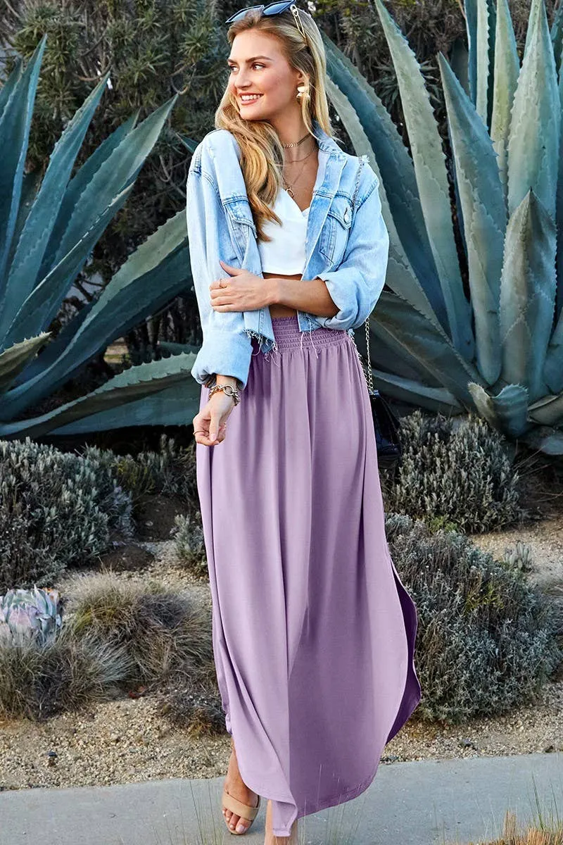 CWBLS041_SMOCKING WAIST MAXI SKIRT WITH SIDE POCKET: Black / (M) 1
