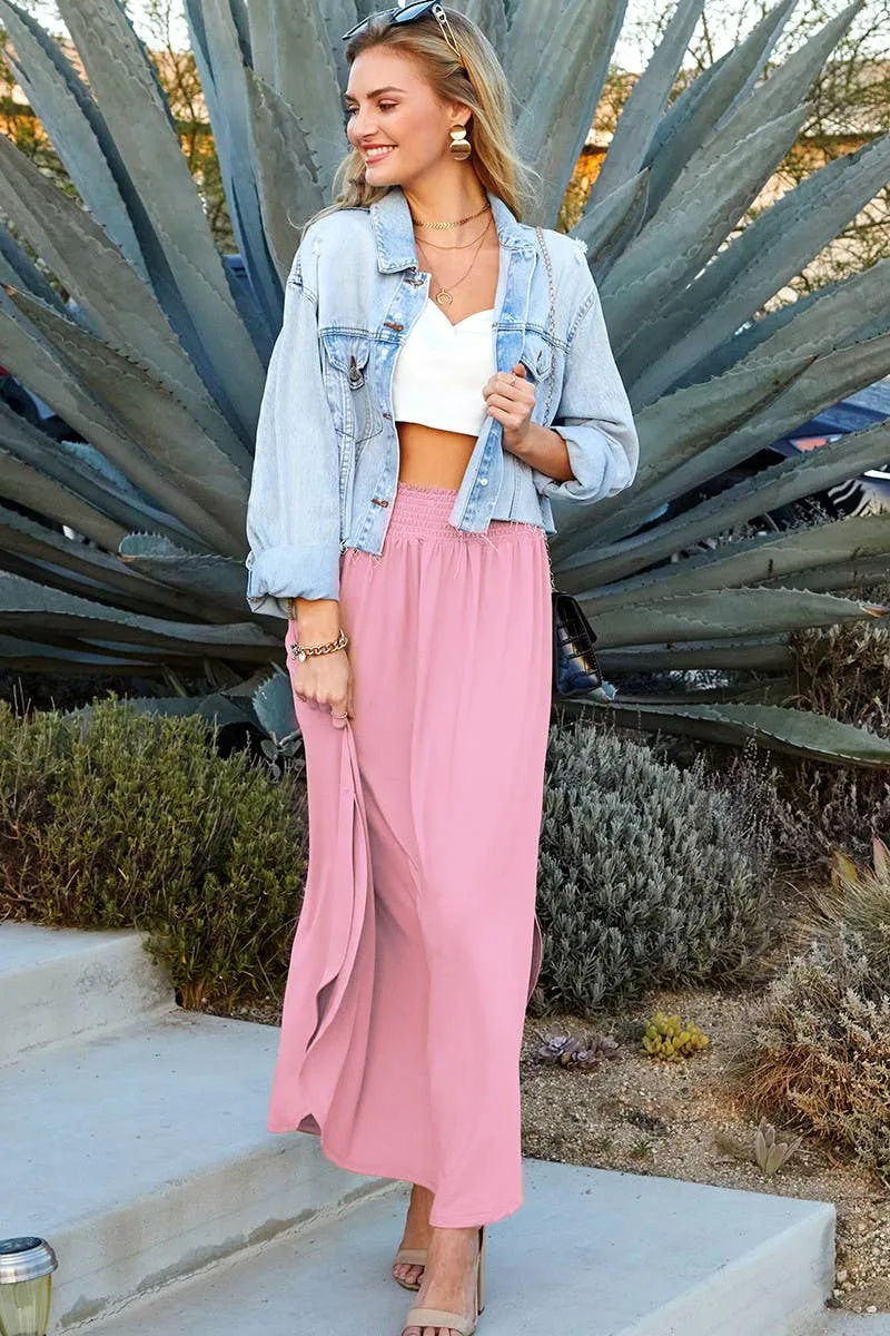 CWBLS041_SMOCKING WAIST MAXI SKIRT WITH SIDE POCKET: Black / (M) 1