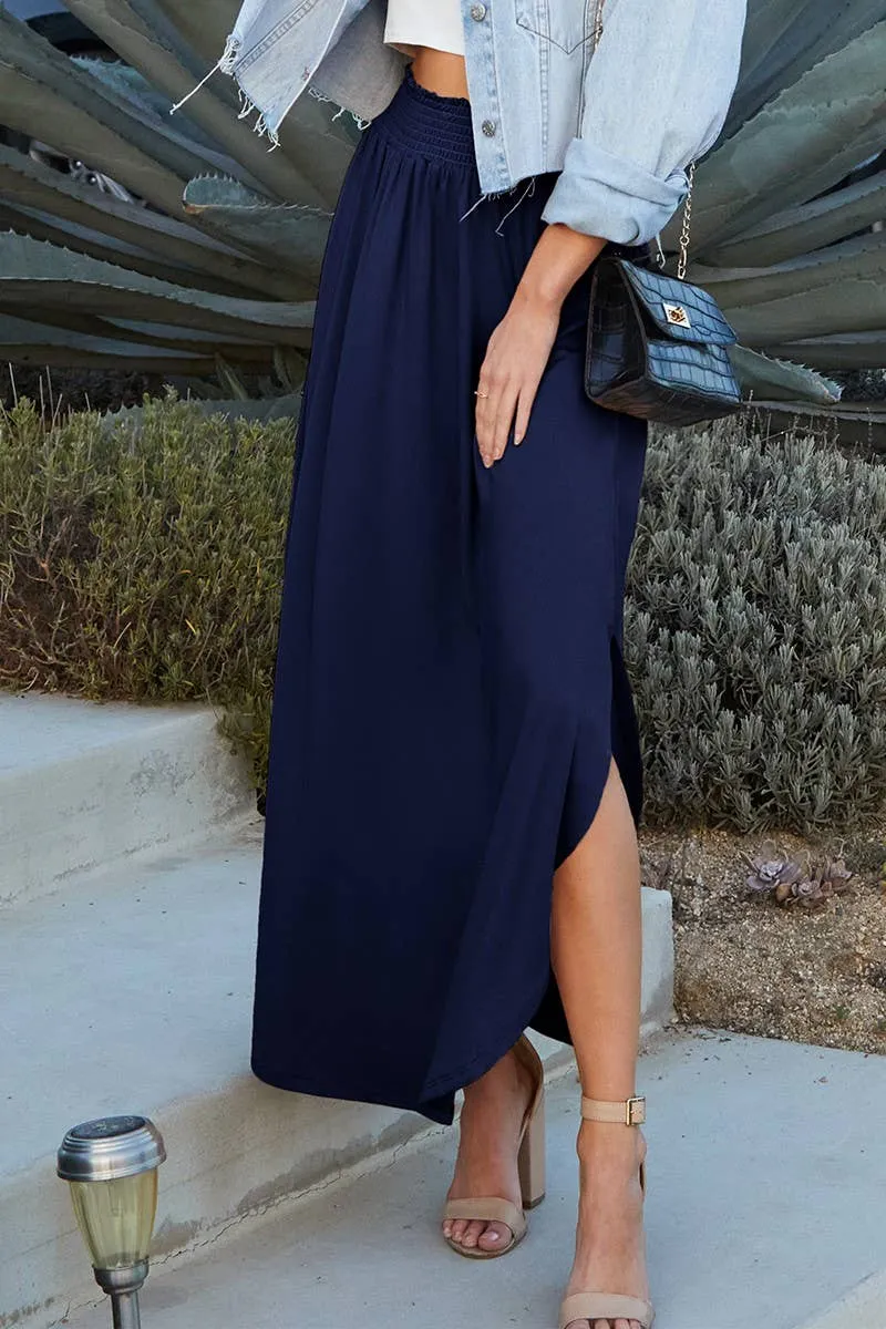 CWBLS041_SMOCKING WAIST MAXI SKIRT WITH SIDE POCKET: Black / (M) 1