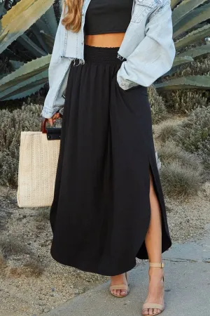 CWBLS041_SMOCKING WAIST MAXI SKIRT WITH SIDE POCKET: Black / (M) 1