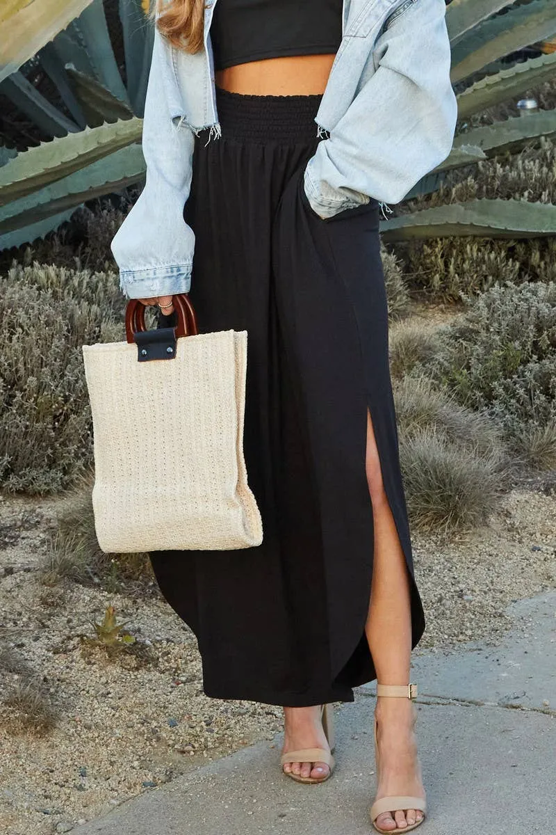 CWBLS041_SMOCKING WAIST MAXI SKIRT WITH SIDE POCKET: Black / (M) 1