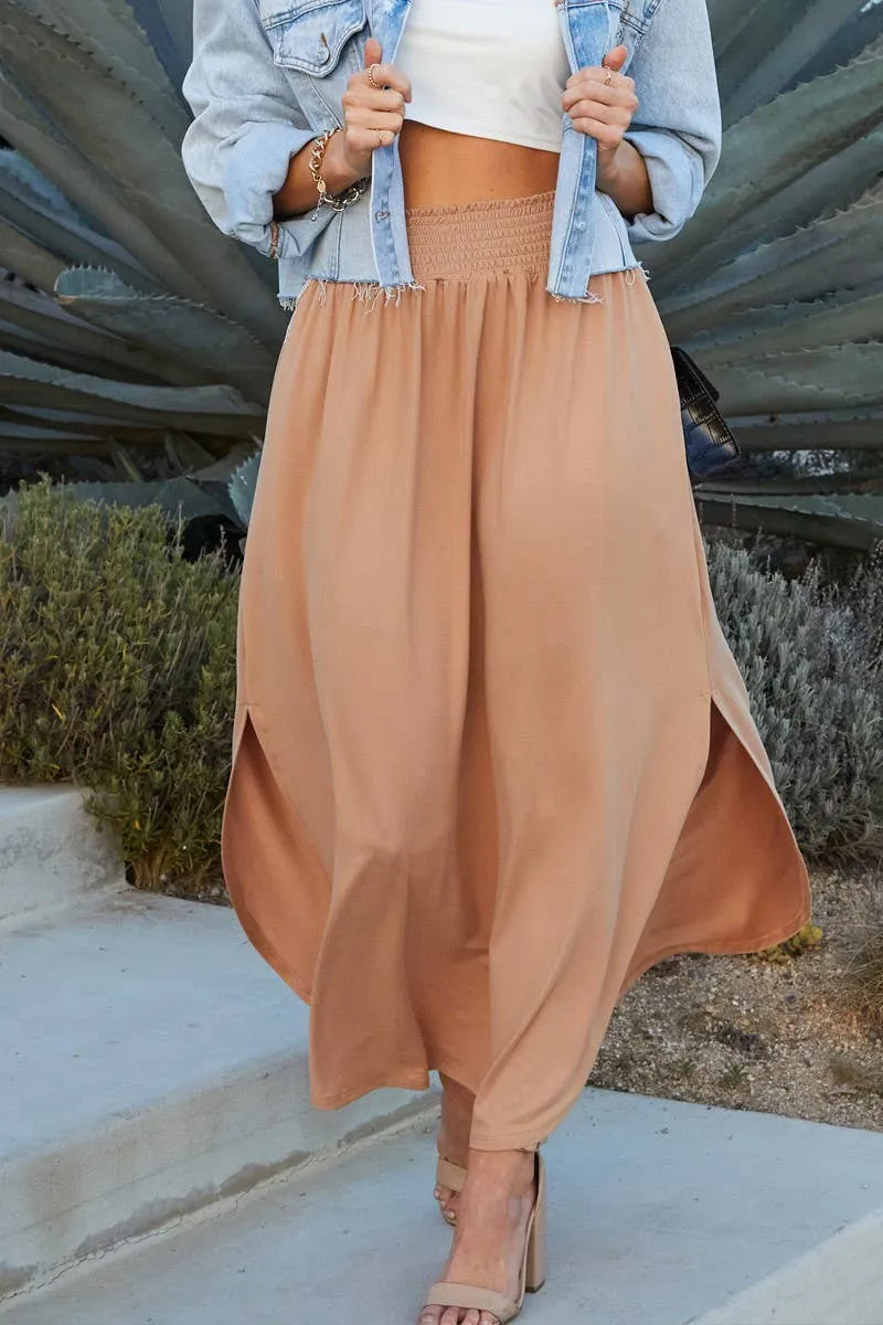CWBLS041_SMOCKING WAIST MAXI SKIRT WITH SIDE POCKET: Black / (M) 1