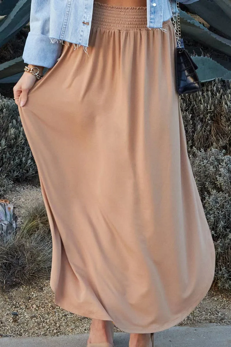 CWBLS041_SMOCKING WAIST MAXI SKIRT WITH SIDE POCKET: Black / (M) 1