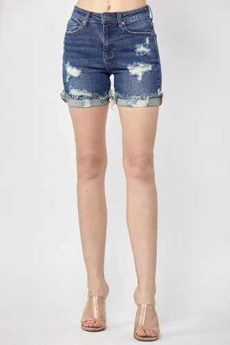 Dark Wash Distressed Cuffed Shorts