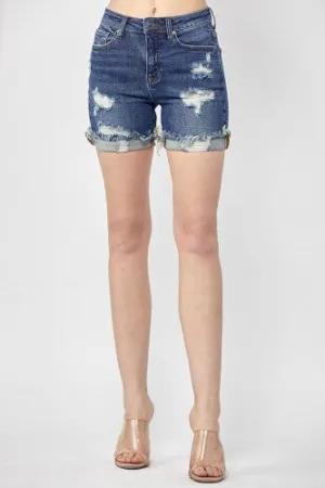 Dark Wash Distressed Cuffed Shorts