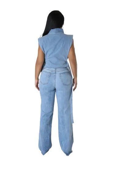Denim Buckle Sleeveless Turtleneck Top