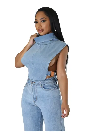 Denim Buckle Sleeveless Turtleneck Top