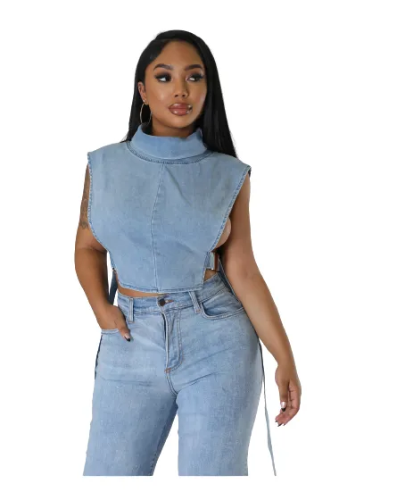 Denim Buckle Sleeveless Turtleneck Top