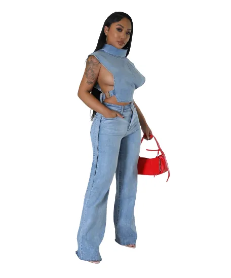 Denim Buckle Sleeveless Turtleneck Top