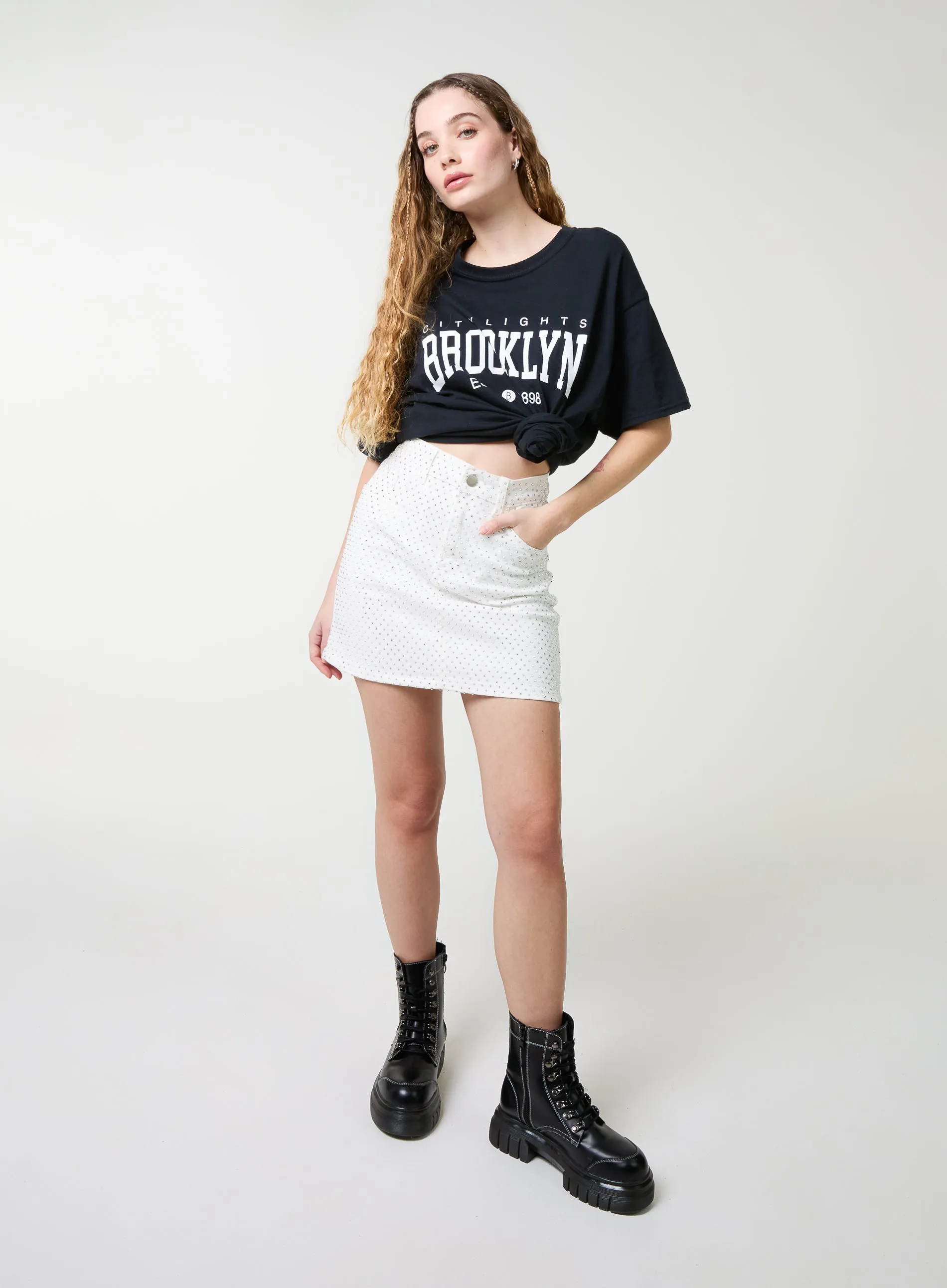 Denim Diamante Mini Skirt