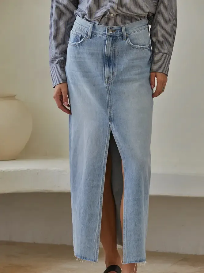 Denim Light Wash Cut Off Midi Skirt