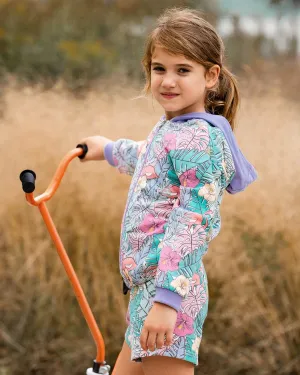 deux par deux Girls Printed French Terry Hoodie Cardigan - Lilac Tropical And Pink Flamingos