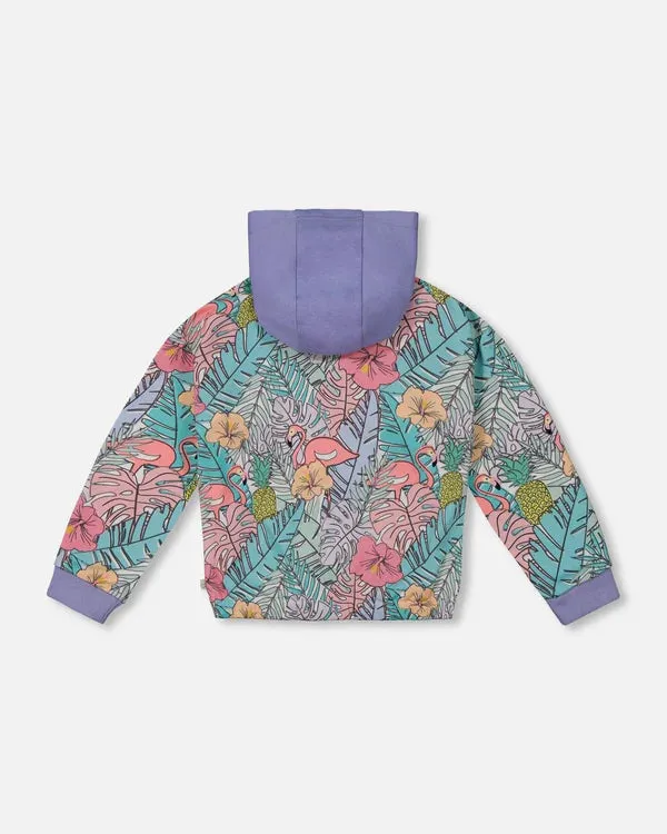 deux par deux Girls Printed French Terry Hoodie Cardigan - Lilac Tropical And Pink Flamingos