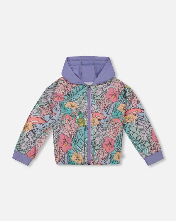 deux par deux Girls Printed French Terry Hoodie Cardigan - Lilac Tropical And Pink Flamingos