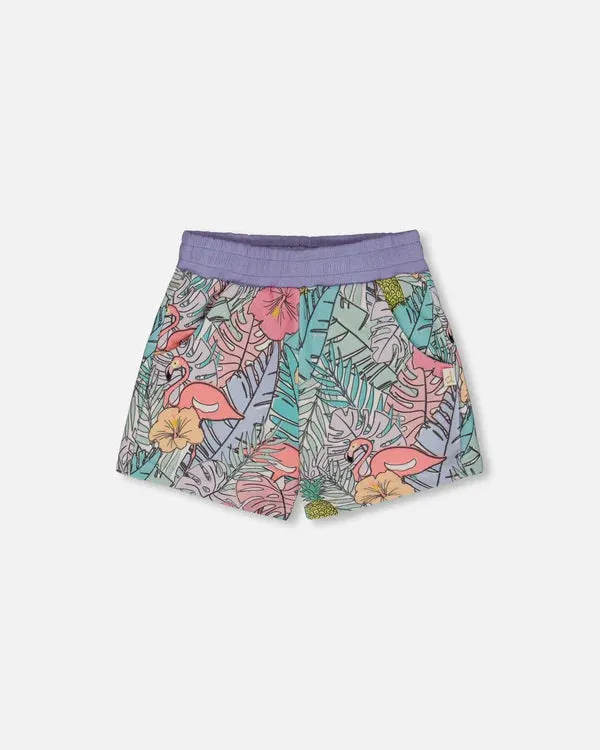 deux par deux Girls Printed French Terry Shorts - Lilac Tropical And Pink Flamingos