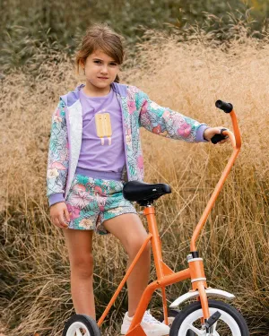 deux par deux Girls Printed French Terry Shorts - Lilac Tropical And Pink Flamingos