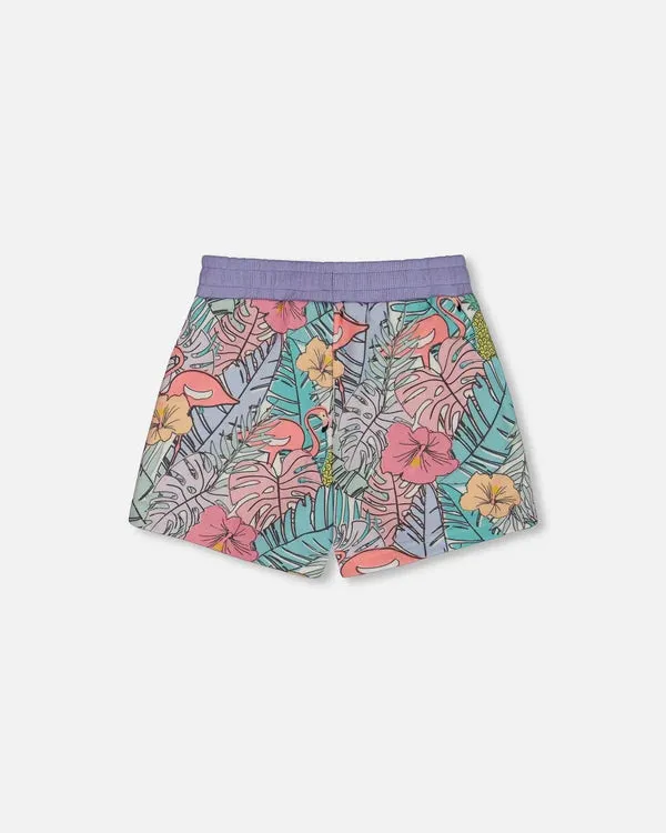 deux par deux Girls Printed French Terry Shorts - Lilac Tropical And Pink Flamingos
