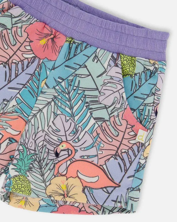 deux par deux Girls Printed French Terry Shorts - Lilac Tropical And Pink Flamingos
