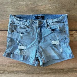 Distressed Low Rise Midi Jean Shorts w/Cuffed Hems