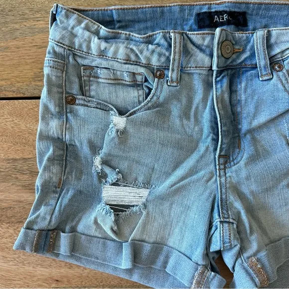 Distressed Low Rise Midi Jean Shorts w/Cuffed Hems