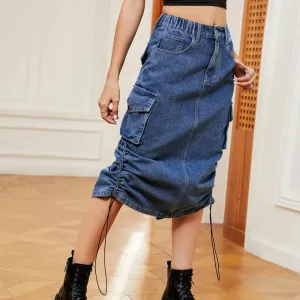 Drawstring Ruched Slit Denim Midi Skirt
