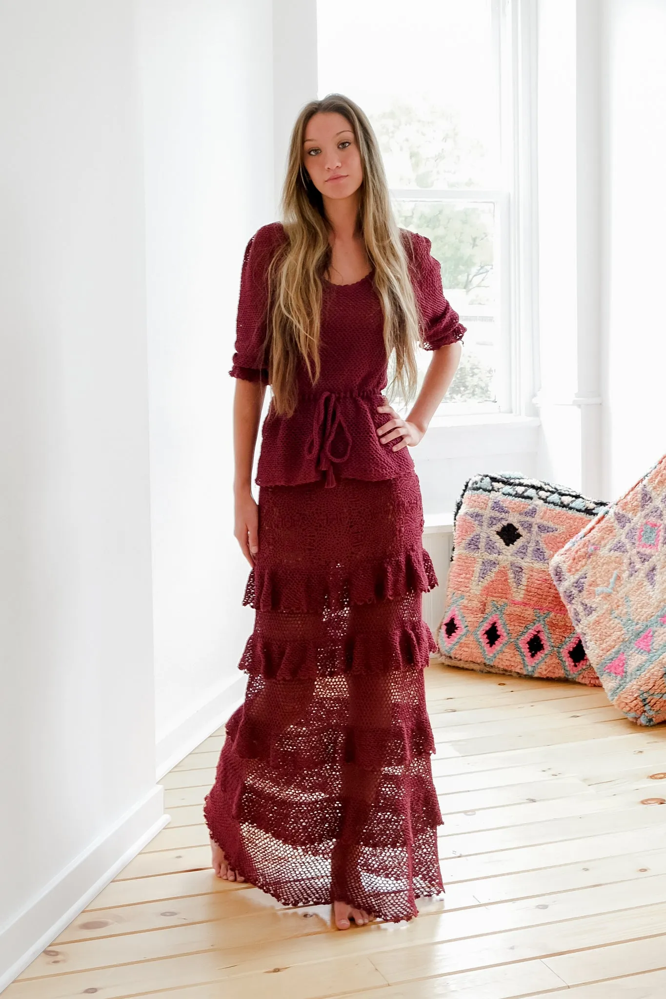 Drop Waist Maxi Skirt in Burgundy