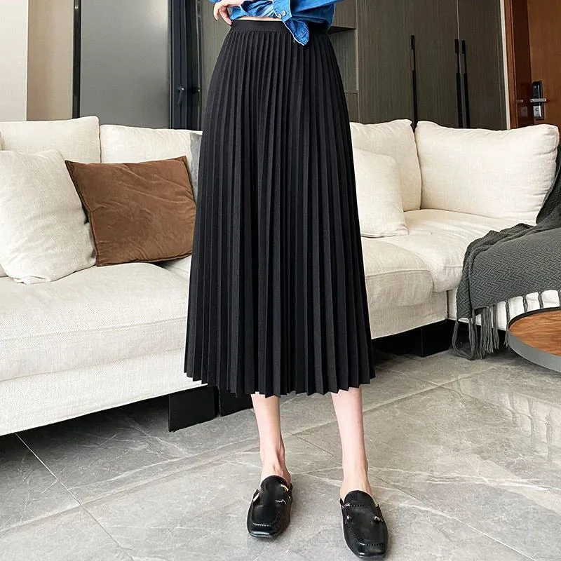 Elegant Satin Long Pleated Skirt Woman Spring Summer Elastic Waist A-Line Skirts for Women Office Wild Green Midi Skirt