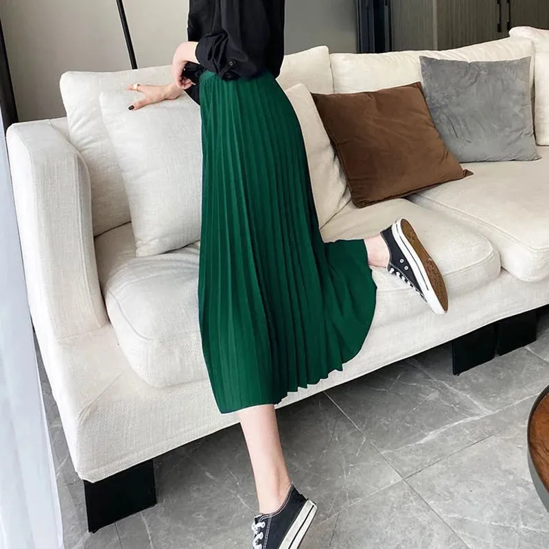 Elegant Satin Long Pleated Skirt Woman Spring Summer Elastic Waist A-Line Skirts for Women Office Wild Green Midi Skirt