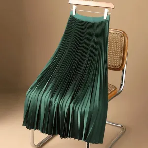 Elegant Satin Long Pleated Skirt Woman Spring Summer Elastic Waist A-Line Skirts for Women Office Wild Green Midi Skirt
