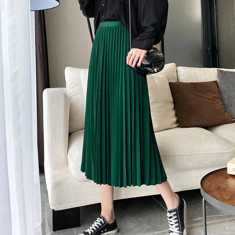 Elegant Satin Long Pleated Skirt Woman Spring Summer Elastic Waist A-Line Skirts for Women Office Wild Green Midi Skirt