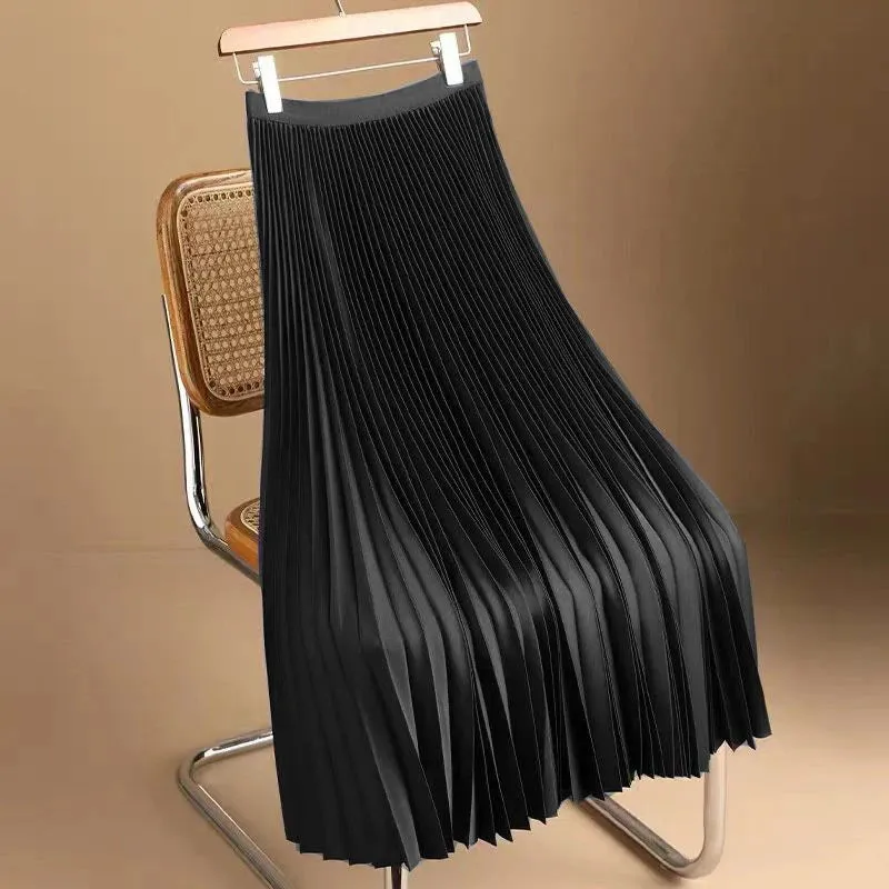 Elegant Satin Long Pleated Skirt Woman Spring Summer Elastic Waist A-Line Skirts for Women Office Wild Green Midi Skirt