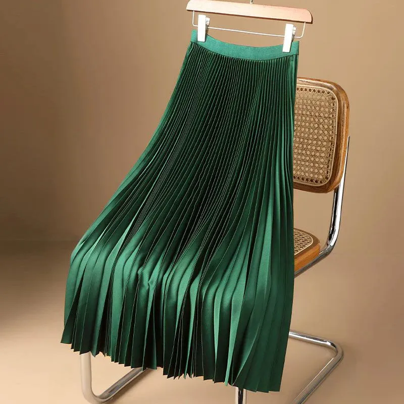 Elegant Satin Long Pleated Skirt Woman Spring Summer Elastic Waist A-Line Skirts for Women Office Wild Green Midi Skirt