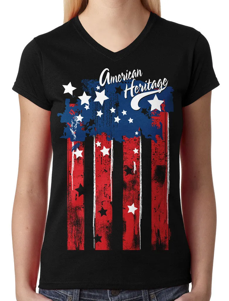 Faded American Heritage Flag Junior Ladies V-neck T-shirt