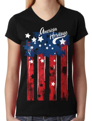 Faded American Heritage Flag Junior Ladies V-neck T-shirt