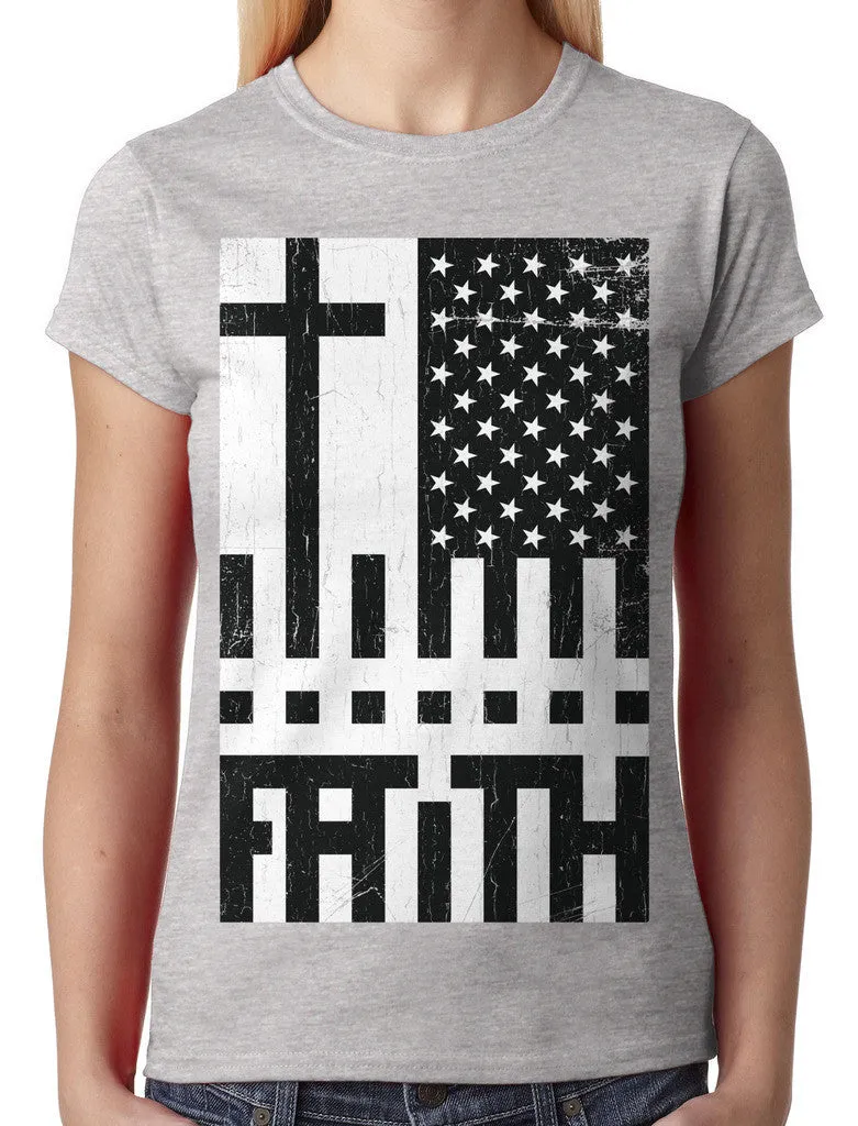 Faith Cross American Flag Junior Ladies T-shirt