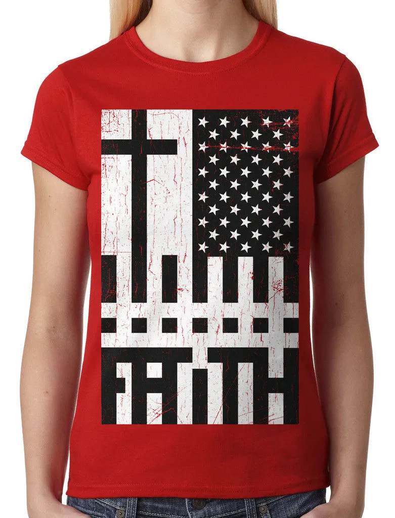 Faith Cross American Flag Junior Ladies T-shirt