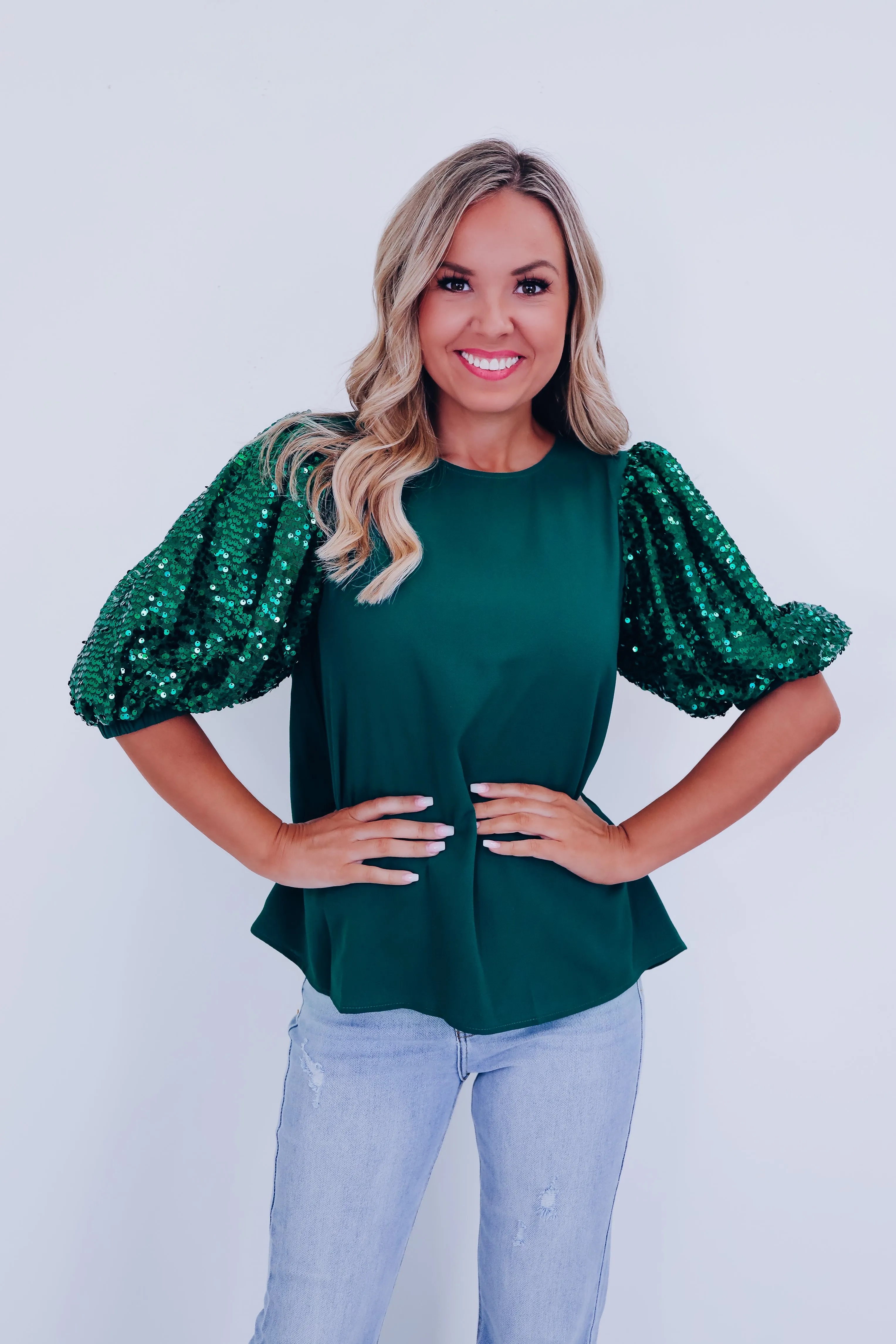 Fancy Affair Sequin Sleeve Top - Hunter Green